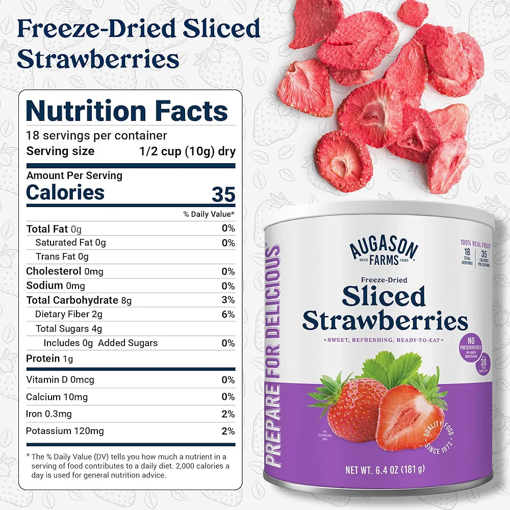 Augason Farms Freeze Dried Sliced Strawberries Can - Gluten Free Snack for Baking, Smoothies, and Emergency Storage - Healthy Individual Fruit Snacks – 6.5 Ounces (18 Servings)