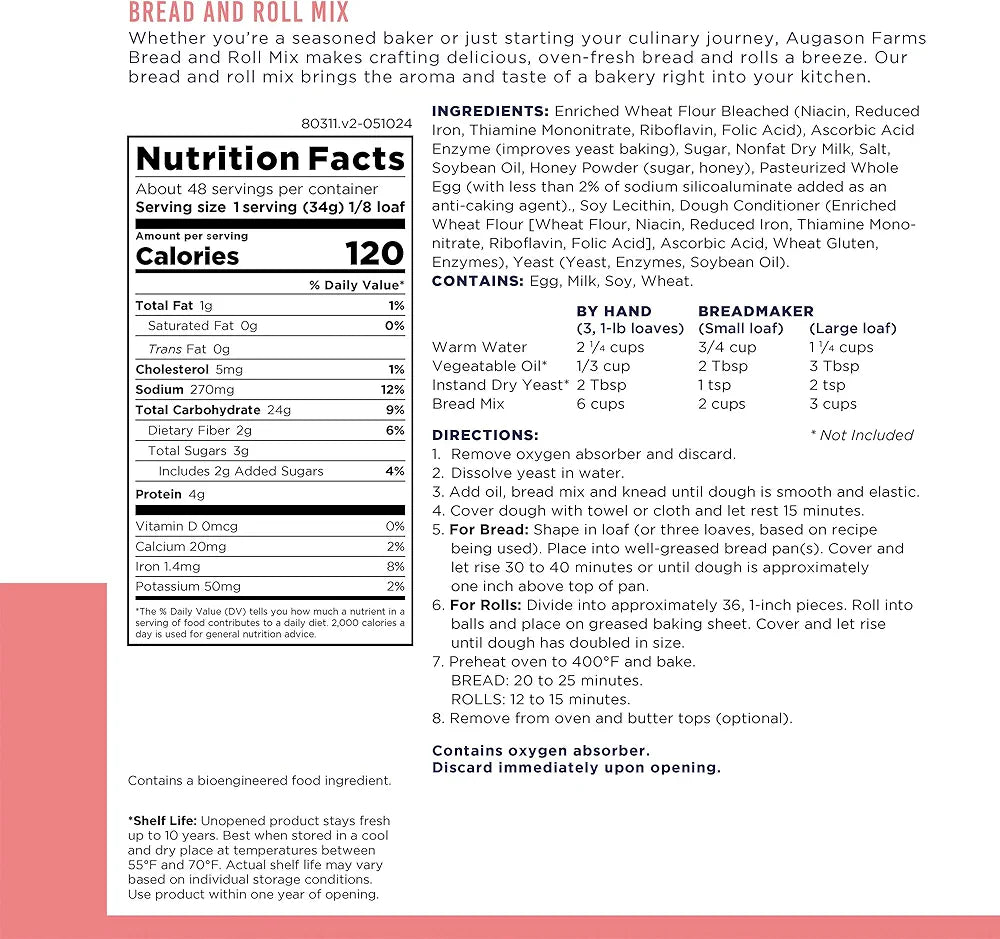 Bread and Roll Mix Supply, 48 Servings, 10 Year Shelf Life - Makes 6 Loaves or 72 Bread Rolls for Prepared Meals Ready to Eat