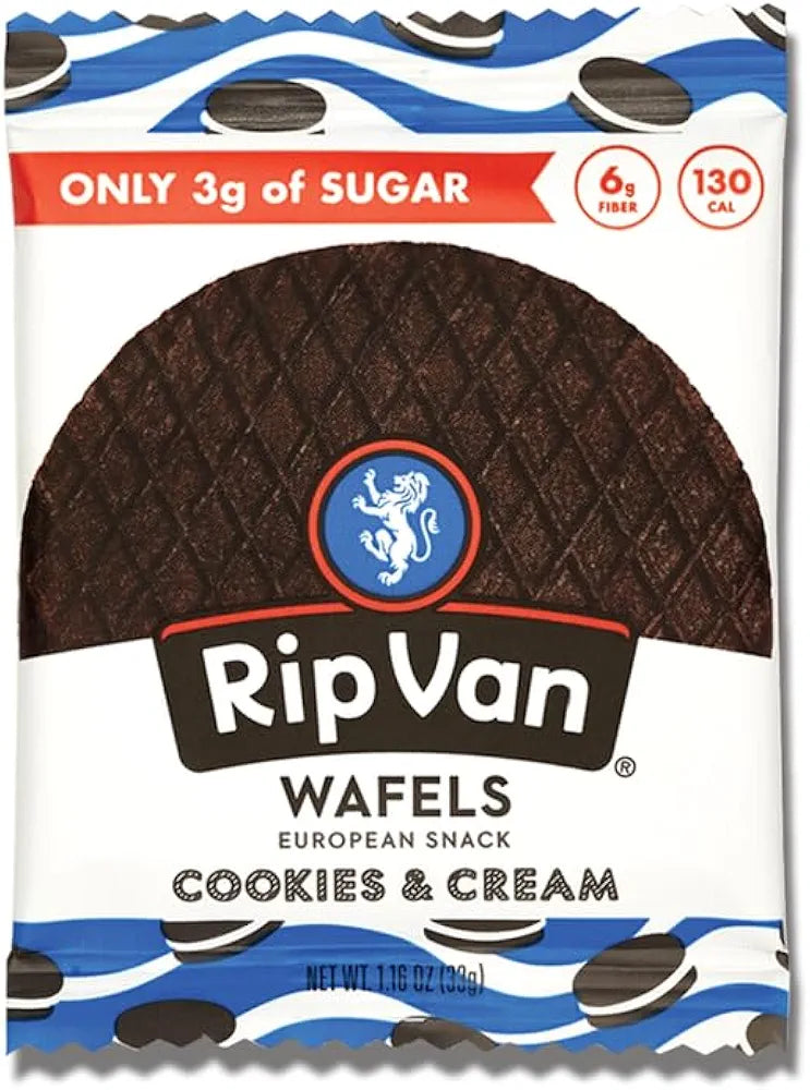 Rip Van Wafels Cookies & Cream Stroopwafels - Healthy Snacks - Non GMO Snack - Keto Friendly - Office Snacks - Low Sugar (3g) - Low Calorie Snack - 12 Pack