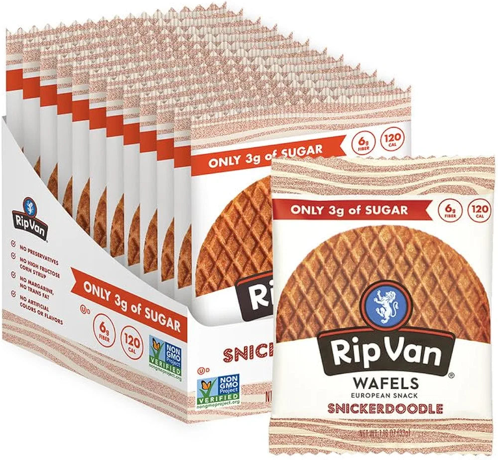 Rip Van Wafels Snickerdoodle Stroopwafels, Healthy Snacks, Non-GMO, Keto Friendly, Office Snacks, Low Sugar (3g), Low Calorie, 12 Pack