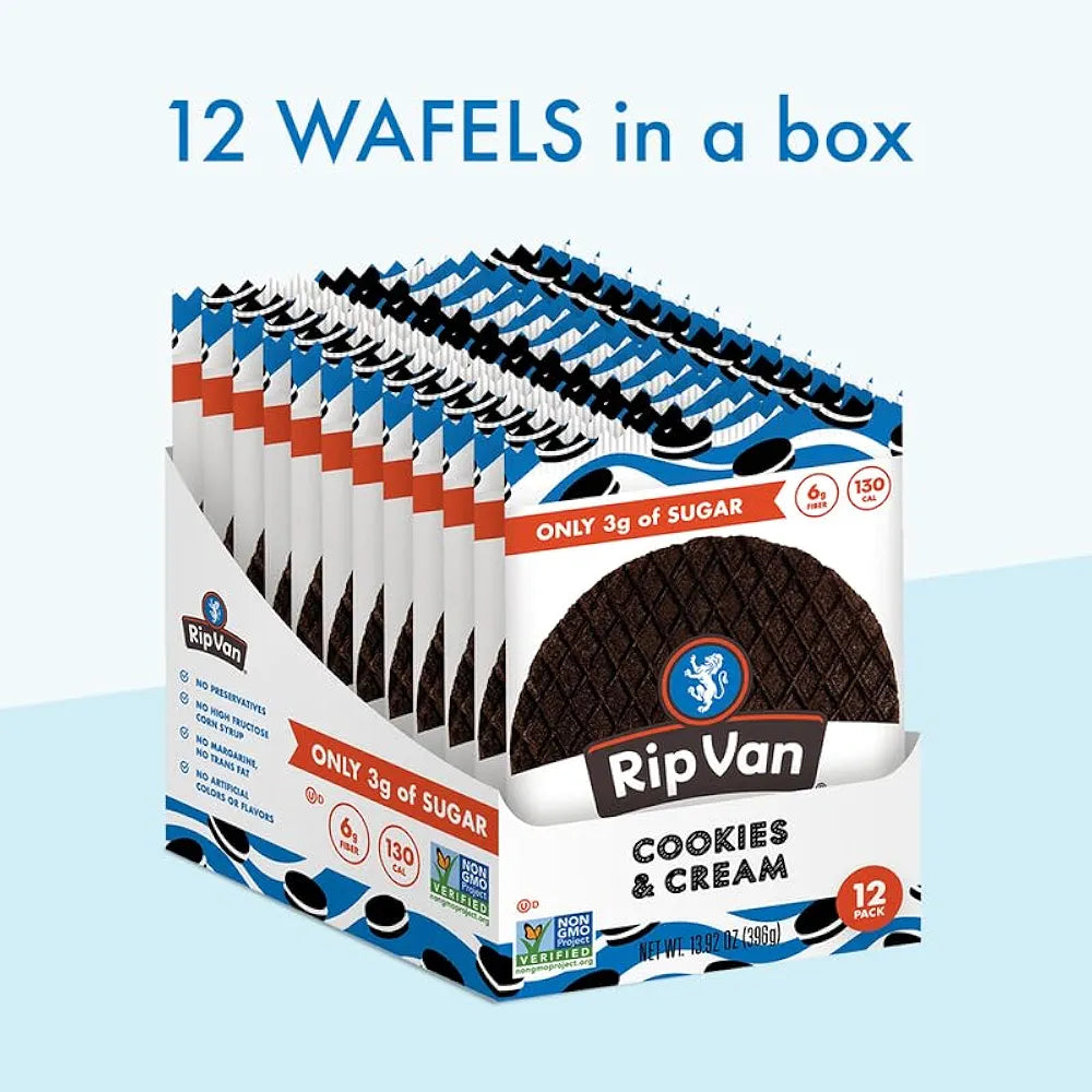 Rip Van Wafels Cookies & Cream Stroopwafels - Healthy Snacks - Non GMO Snack - Keto Friendly - Office Snacks - Low Sugar (3g) - Low Calorie Snack - 12 Pack