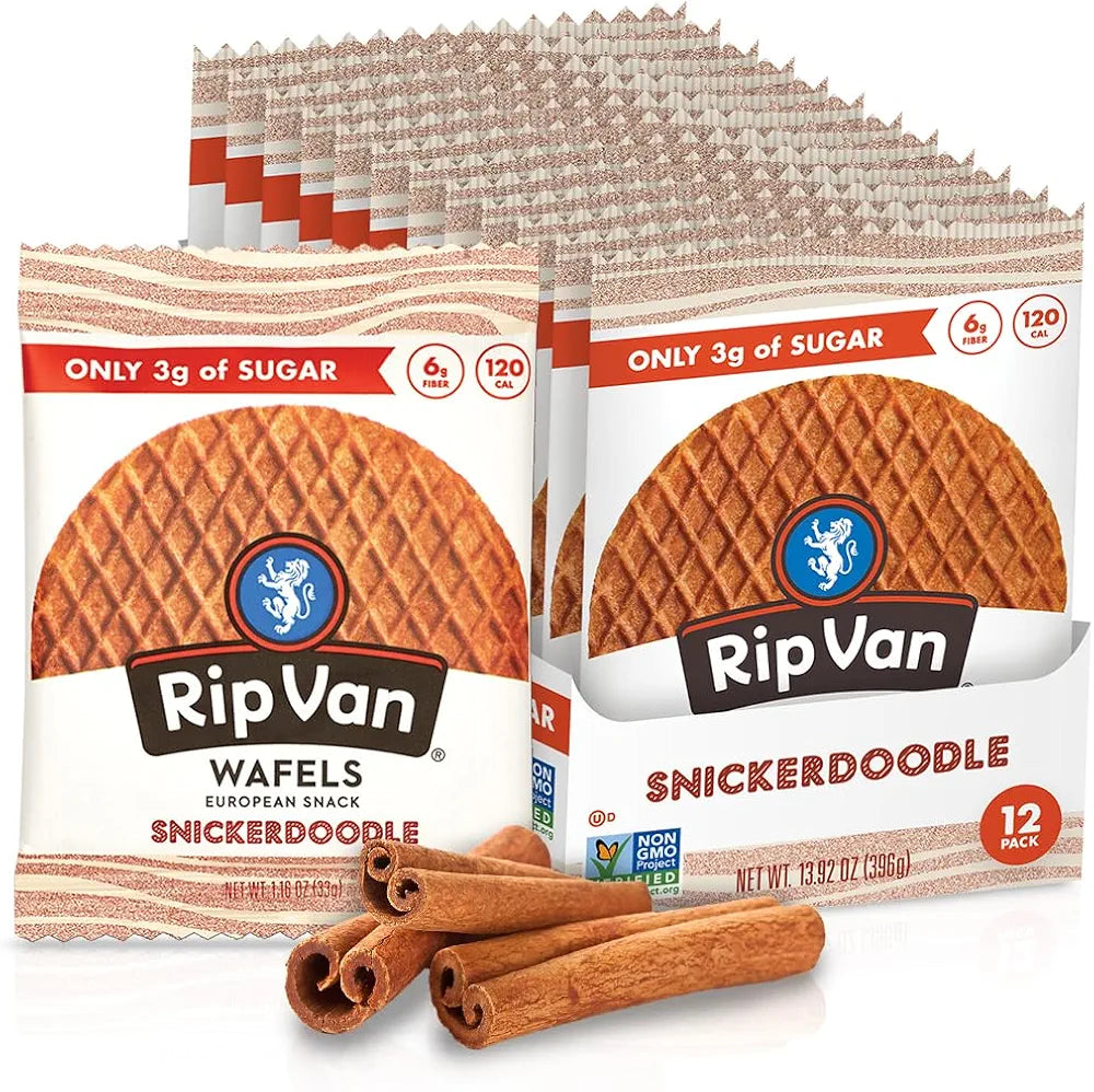 Rip Van Wafels Snickerdoodle Stroopwafels, Healthy Snacks, Non-GMO, Keto Friendly, Office Snacks, Low Sugar (3g), Low Calorie, 12 Pack
