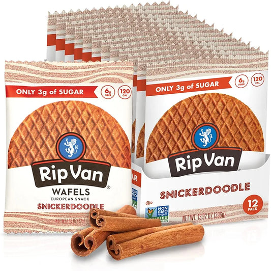 Rip Van Wafels Snickerdoodle Stroopwafels, Healthy Snacks, Non-GMO, Keto Friendly, Office Snacks, Low Sugar (3g), Low Calorie, 12 Pack