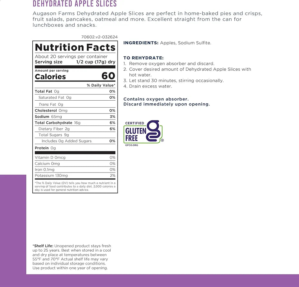 Augason Farms Dehydrated Apple Slices Can - Gluten Free Survival Food with Long Shelf Life - Emergency Food Supply for Camping, Prep & Everyday Meals - 20 Servings