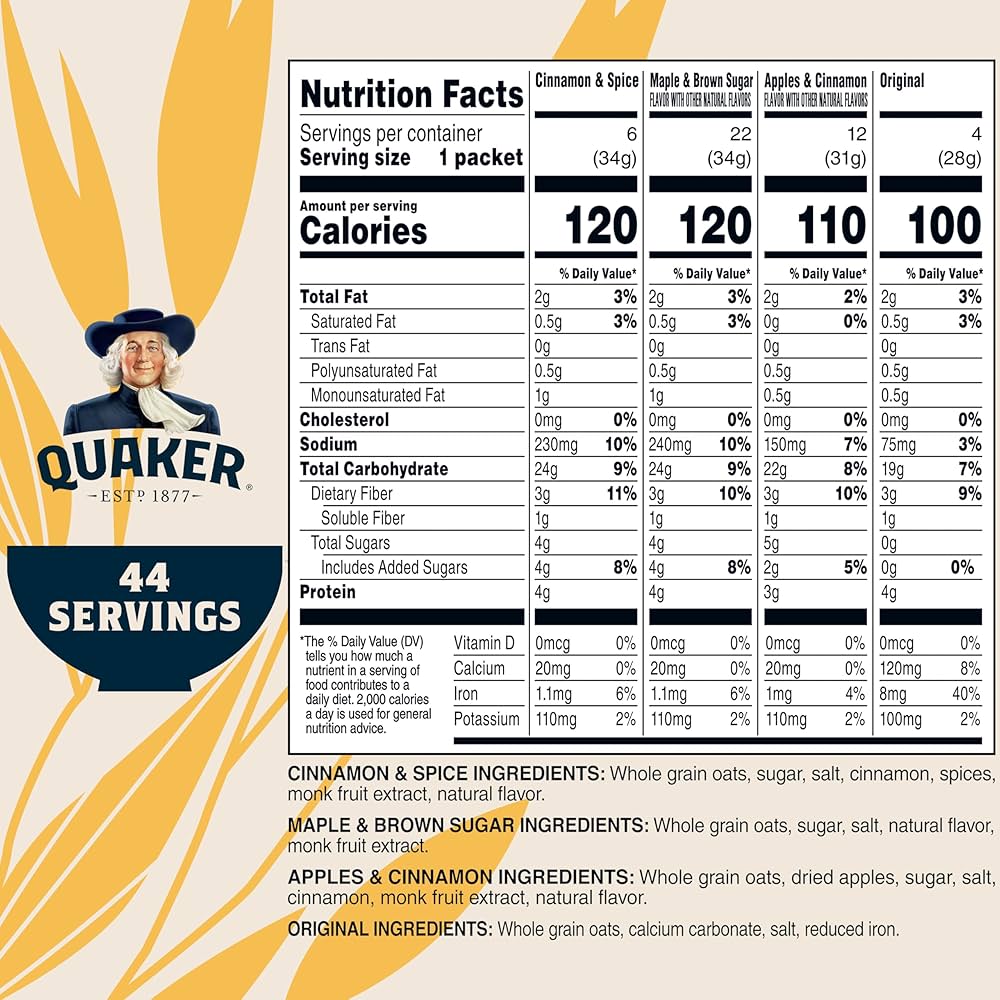 Quaker Instant Oatmeal Lower Sugar, 4 Flavor Variety Pack 44 Count