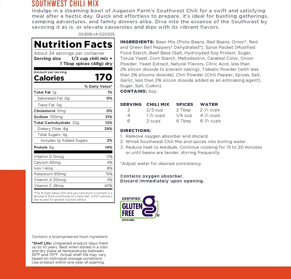 Augason Farms Southwest Chili Mix Can, Certified Gluten Free, Emergency Food Supply, Everyday Meals, 34 Servings
