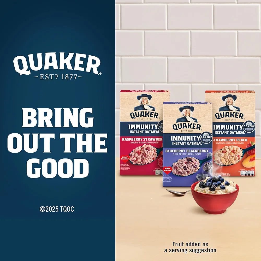Quaker Immunity Instant Oatmeal, 3 Flavor Variety Pack, Good Source of Vitamins C, D, & Zinc, Whole Grains, No Artificial Flavors, No Colors from Artificial Sources, 1.41 oz Packets, (32 Pack)