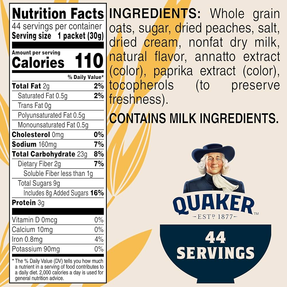 Quaker Instant Oatmeal, Peaches & Cream, 1.05oz, 44 Counts