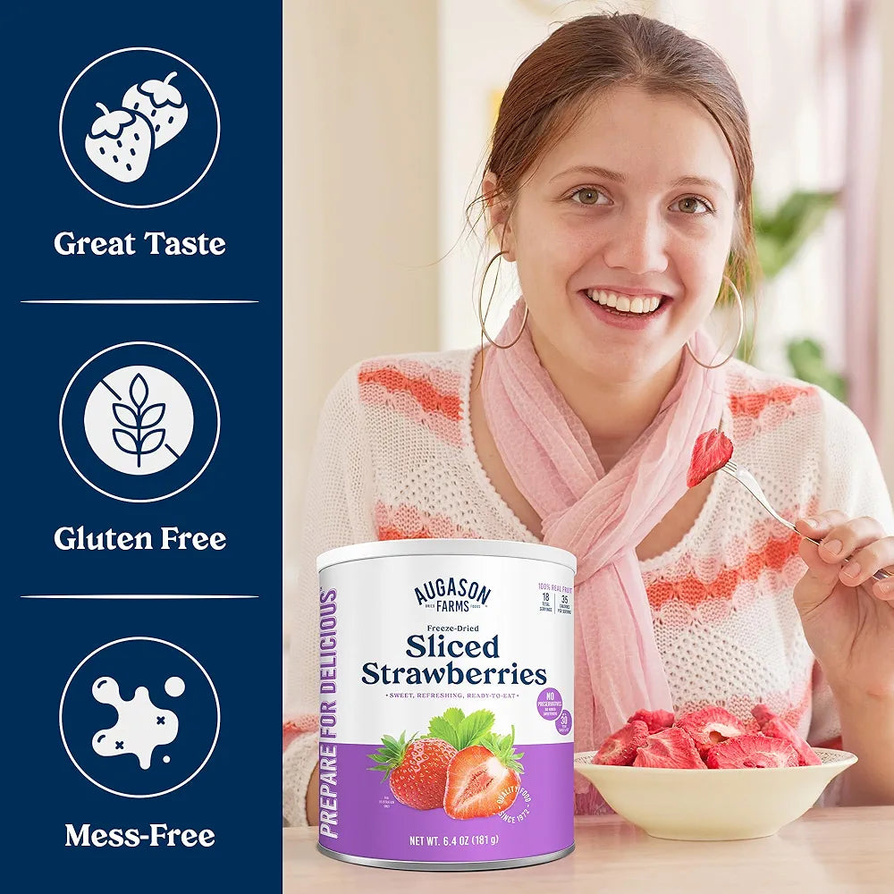 Augason Farms Freeze Dried Sliced Strawberries Can - Gluten Free Snack for Baking, Smoothies, and Emergency Storage - Healthy Individual Fruit Snacks – 6.5 Ounces (18 Servings)