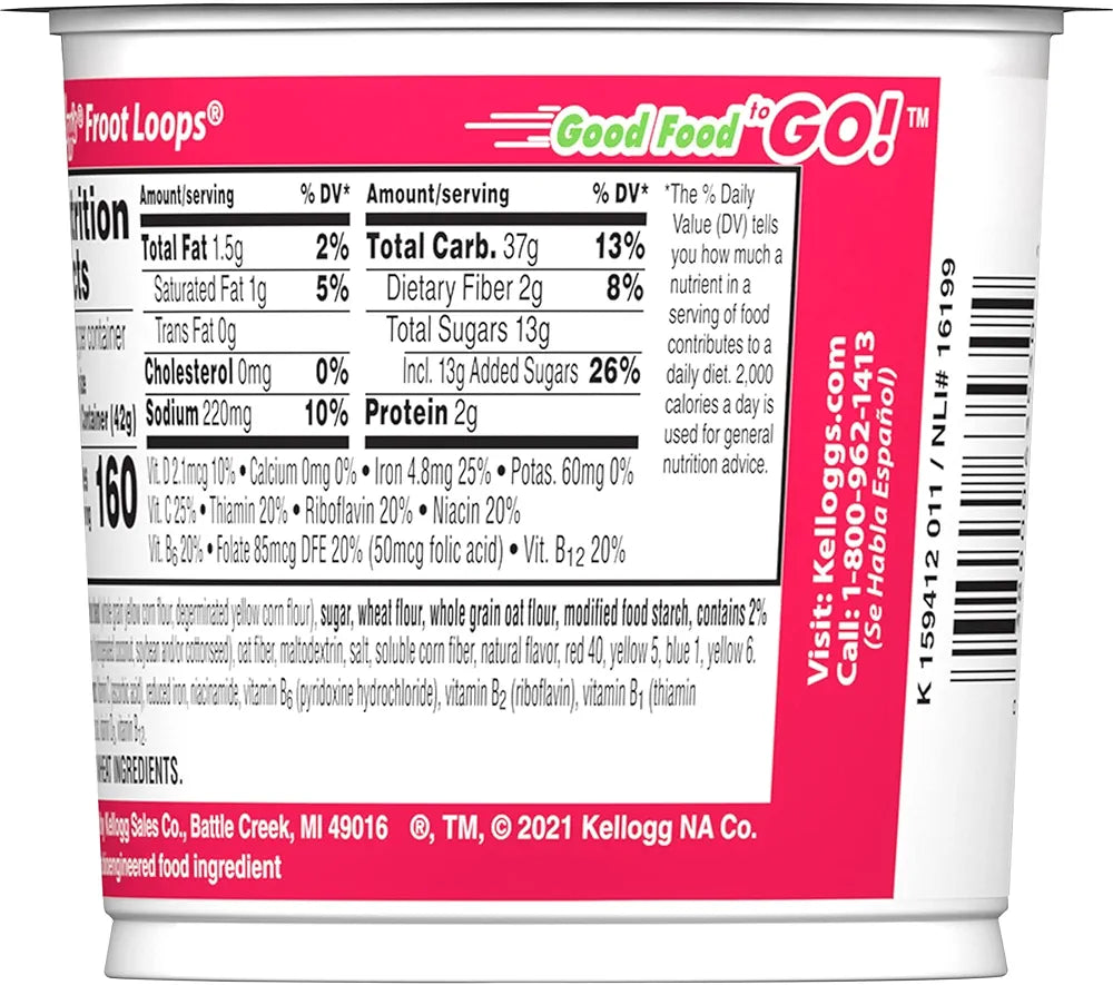 Kellogg's Froot Loops Breakfast Cereal Cups, Fruit Flavored, Breakfast Snacks with Vitamin C, Original, 18oz Case (12 Cups)