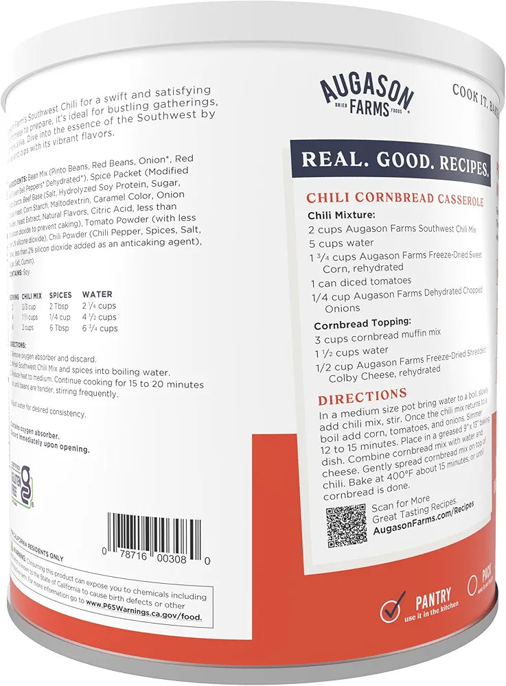 Augason Farms Southwest Chili Mix Can, Certified Gluten Free, Emergency Food Supply, Everyday Meals, 34 Servings