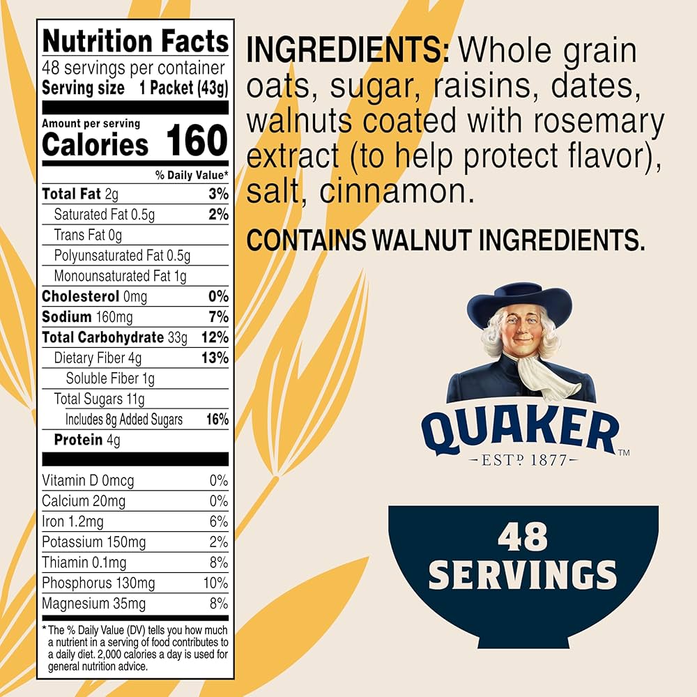 Quaker Instant Oatmeal, Raisin, Date and Walnut, Individual Packets, 1.30 Ounce (Pack of 48)