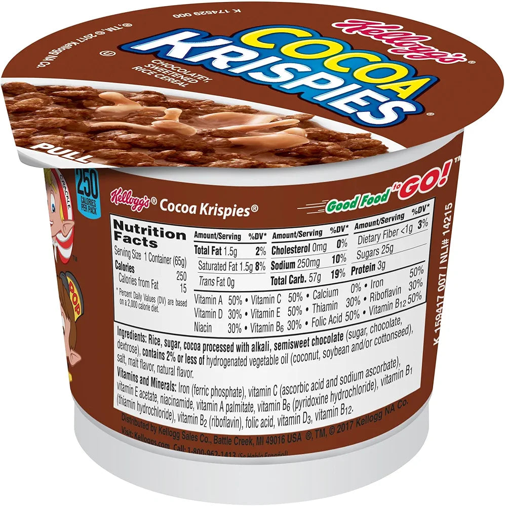 Kellogg's Cocoa Krispies Cold Breakfast Cereal Cups, Kids Snacks, Cereal Cups to Go (12 Cups)