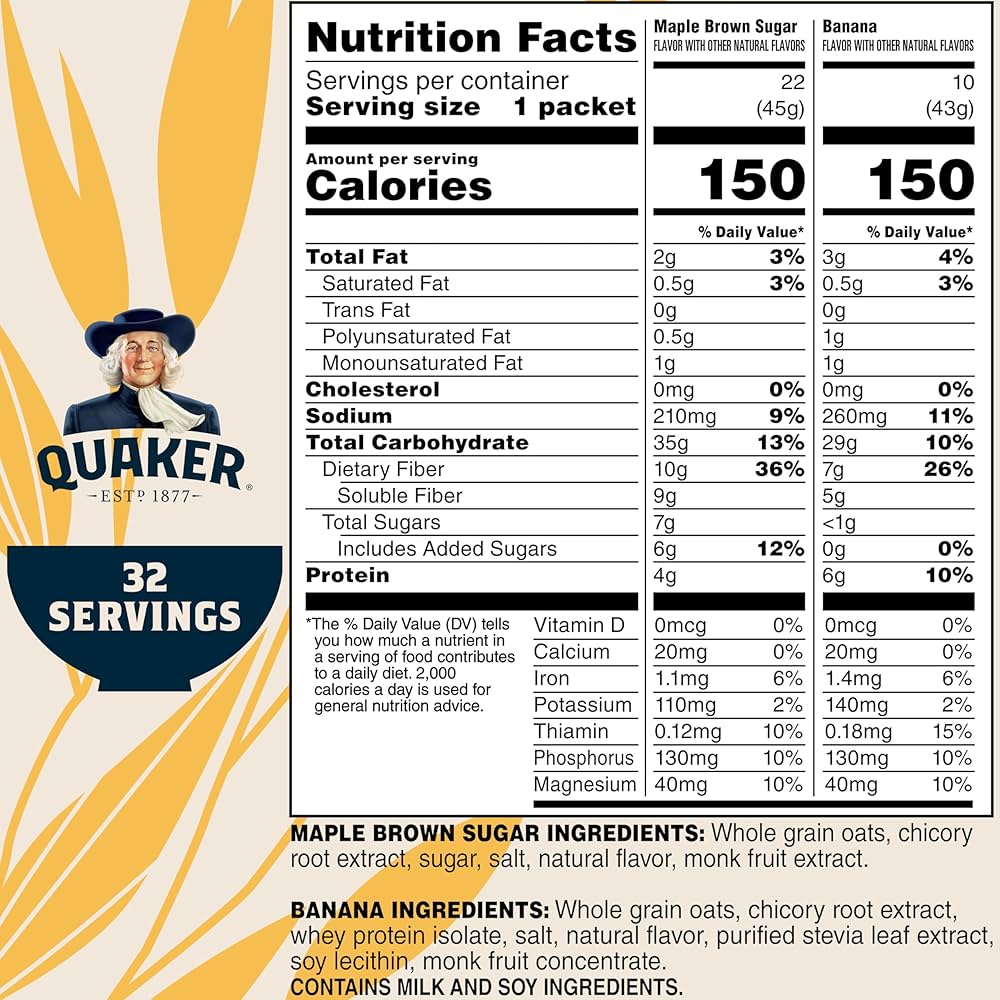 Quaker Instant Oatmeal, High Fiber 2 Flavor Variety (32 pack)