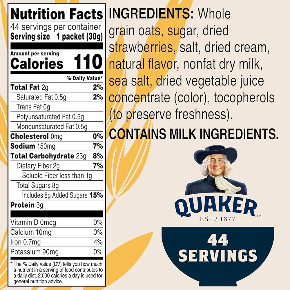 Quaker Instant Oatmeal, Strawberries & Cream, 1.05 Oz, (Pack of 44)