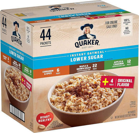Quaker Instant Oatmeal Lower Sugar, 4 Flavor Variety Pack 44 Count