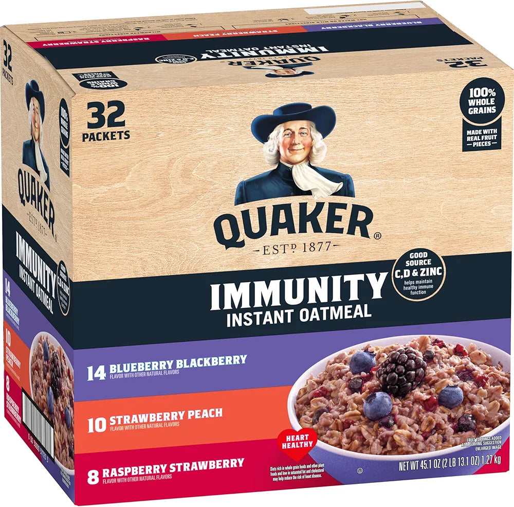 Quaker Immunity Instant Oatmeal, 3 Flavor Variety Pack, Good Source of Vitamins C, D, & Zinc, Whole Grains, No Artificial Flavors, No Colors from Artificial Sources, 1.41 oz Packets, (32 Pack)