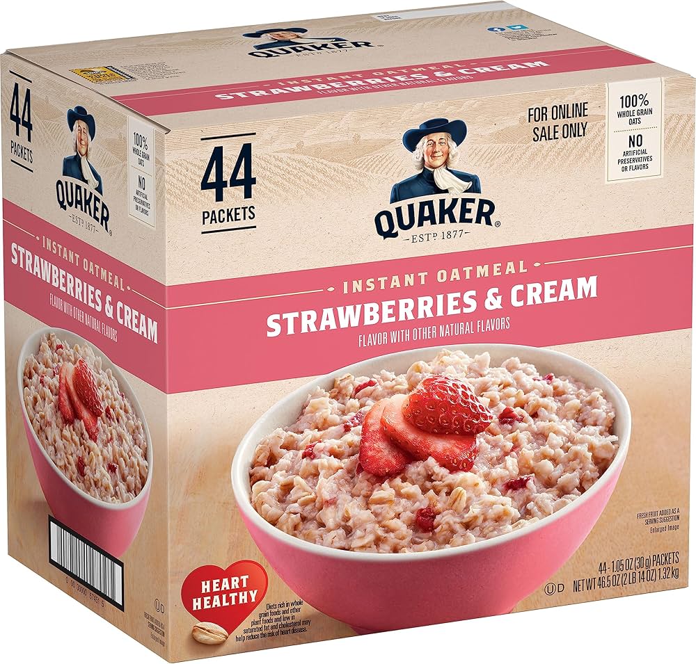 Quaker Instant Oatmeal, Strawberries & Cream, 1.05 Oz, (Pack of 44)