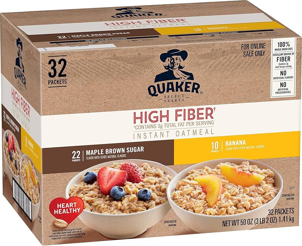 Quaker Instant Oatmeal, High Fiber 2 Flavor Variety (32 pack)