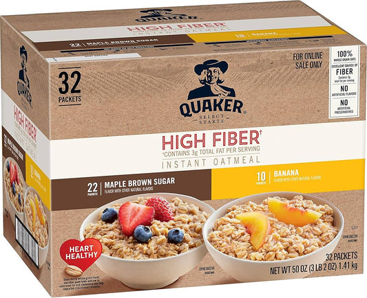 Quaker Instant Oatmeal, High Fiber 2 Flavor Variety (32 pack)