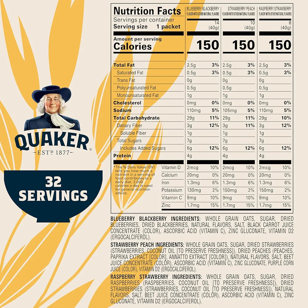 Quaker Immunity Instant Oatmeal, 3 Flavor Variety Pack, Good Source of Vitamins C, D, & Zinc, Whole Grains, No Artificial Flavors, No Colors from Artificial Sources, 1.41 oz Packets, (32 Pack)