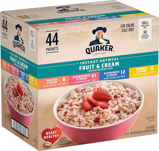 Quaker Instant Oatmeal Fruit & Cream Variety Pack, Single Serve Packets, (44 Pack)