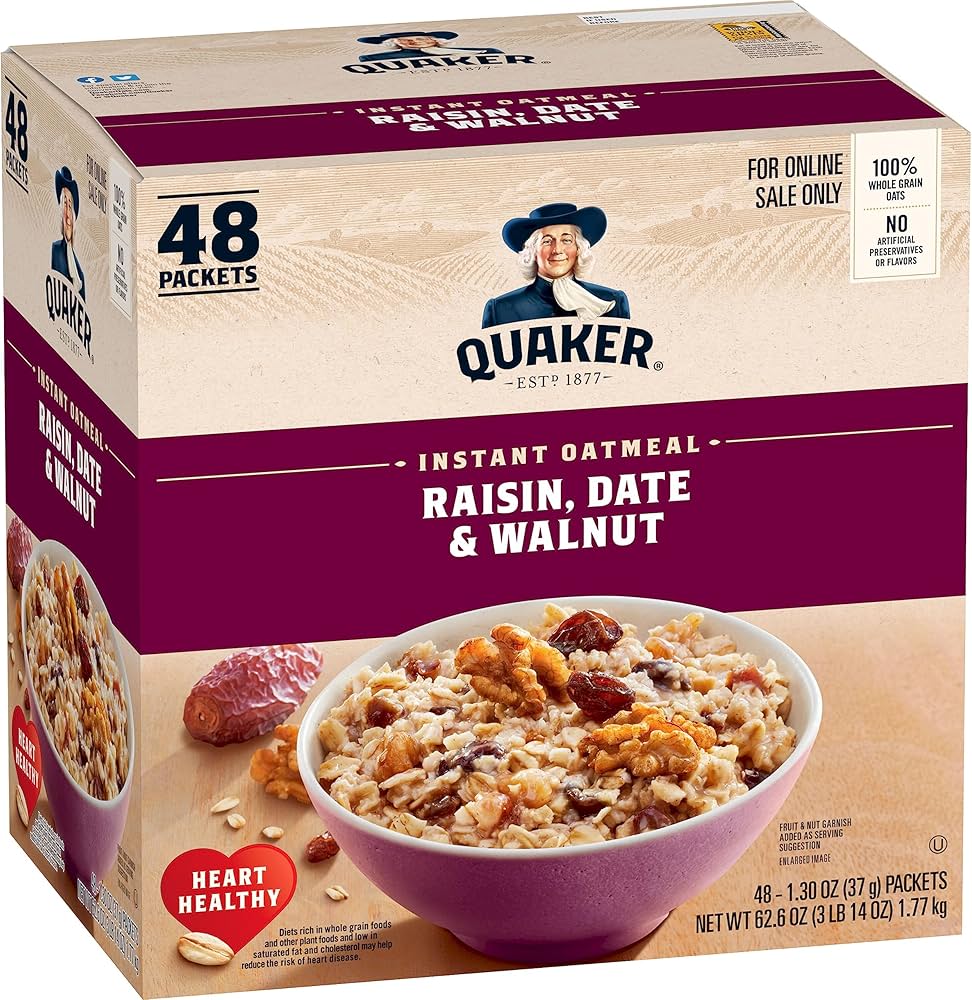 Quaker Instant Oatmeal, Raisin, Date and Walnut, Individual Packets, 1.30 Ounce (Pack of 48)