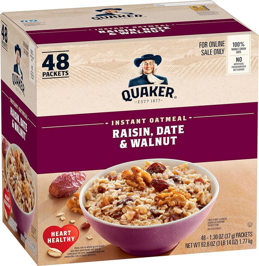 Quaker Instant Oatmeal, Raisin, Date and Walnut, Individual Packets, 1.30 Ounce (Pack of 48)