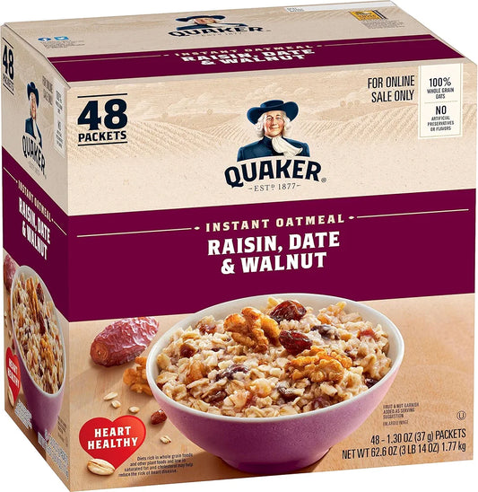 Quaker Instant Oatmeal, Raisin, Date and Walnut, Individual Packets, 1.30 Ounce (Pack of 48)